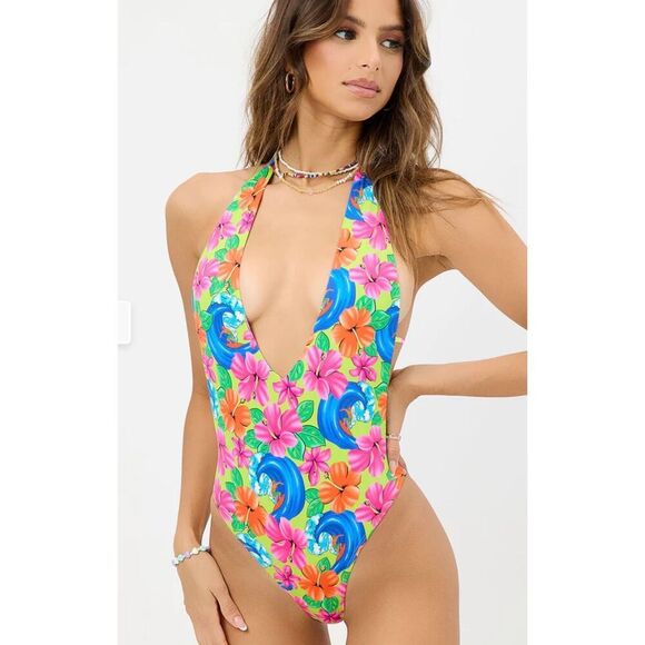 Frankie’s Bikinis Paulina Floral Halter One Piece Swimsuit Size Medium - Picture 1 of 8